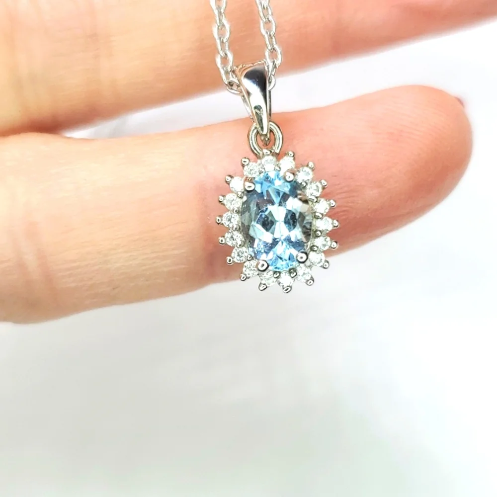 Aquamarine Halo Ring & Necklace Set Sterling Silver Platinum NWT 7